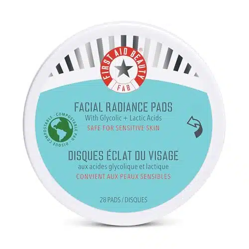 First Aid Beauty Facial Radiance Pads  Daily Exfoliating Pads with AHA that Help Tone & Brighten Skin  Compostable for Daily Use  Pads