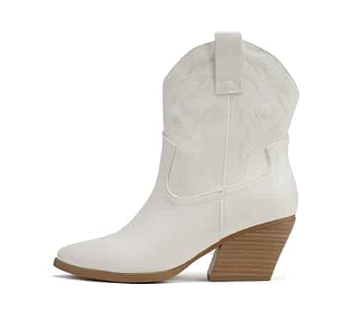 Soda BLAZING ~ Women Western Stitched Pointe Toe Low Heel High Top Ankle Shaft Boot Bootie (WhiteNude, us_footwear_size_system, adult, women, numeric, medium, numeric_)