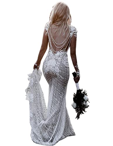 Women's Rustic Sheath Lace Wedding Dress Long Sleeves V Neck Backless Floral Pattern Appliqued Beaded Bridal Gowns (, Champagne)