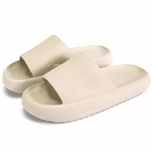 rosyclo Cloud Slides for Women and Men, Pillow House Slippers Super Soft Comfy Non Slip Massage Bathroom Shower Shoes Cloud Cushion Slide Sandals for Indoor Outdoor, Tan Beige